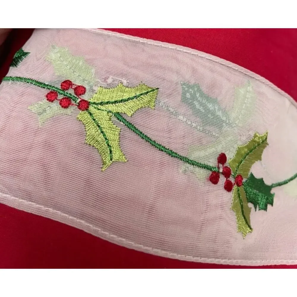 Holiday At Home Tablecloth 60x102” Oblong Red w/White chiffon trim & embroidery